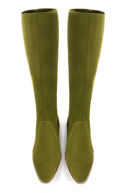 Pistachio green women's riding knee-high boots. Round toe. Low leather soles. Made to measure. Top view - Florence KOOIJMAN